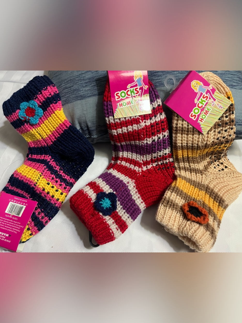 Socks Home 3 Pairs Hand-Knit Style Acrylic Slipper Socks with Non-Slip Grips new